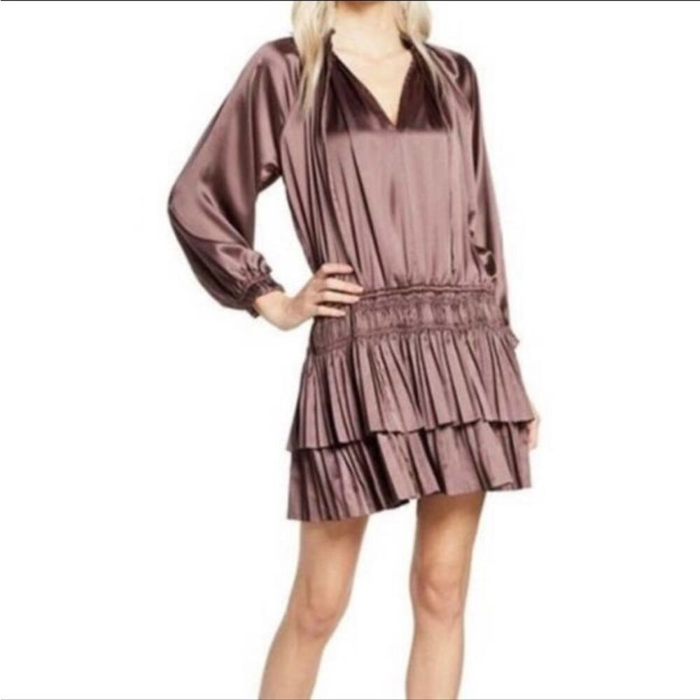 NWT New Anthropologie Satin Silk Bronze Ruffle Mini Dress Tiered Fit & Flare XS